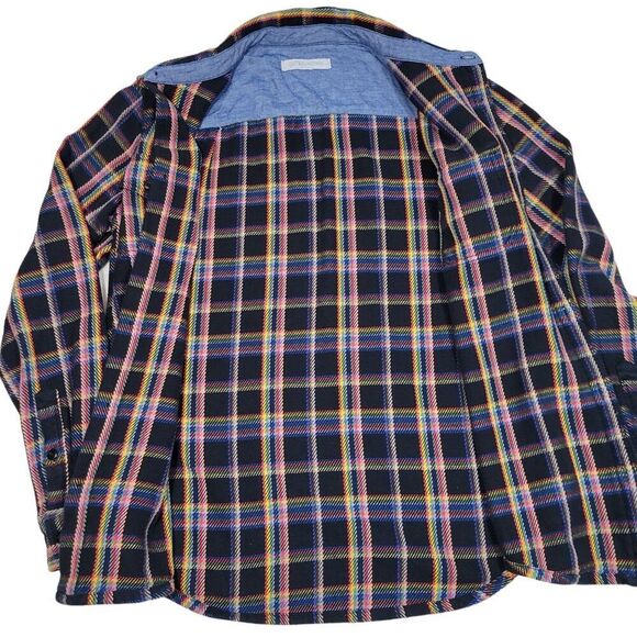 Outerknown Blanket Shirt Mens Large Black Rainbow Plaid Organic Cotton Shacket - Picture 4 of 9